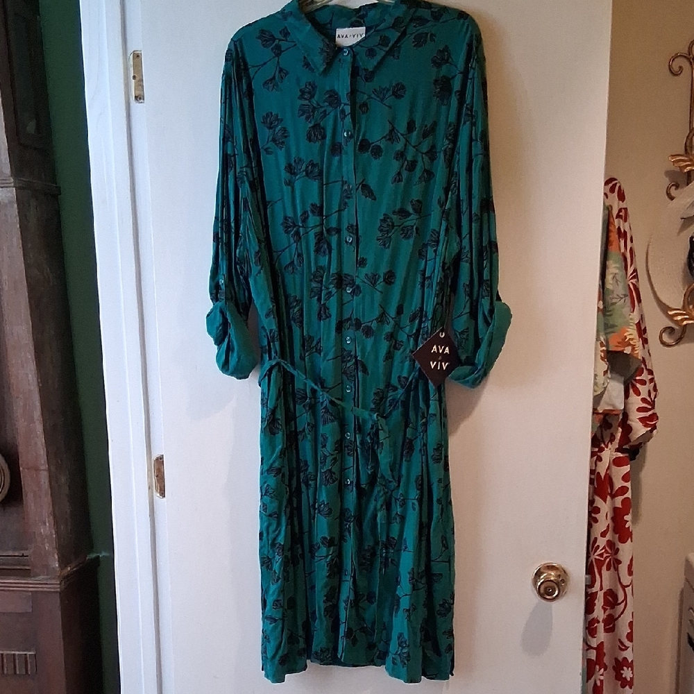 Ava & Viv Teal and Black Floral Long Sleeve Dress
